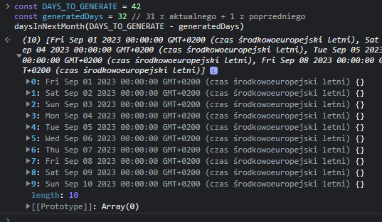 console.log daysInNextMonth, który generuje dni z następnego miesiąca (wrzesień)