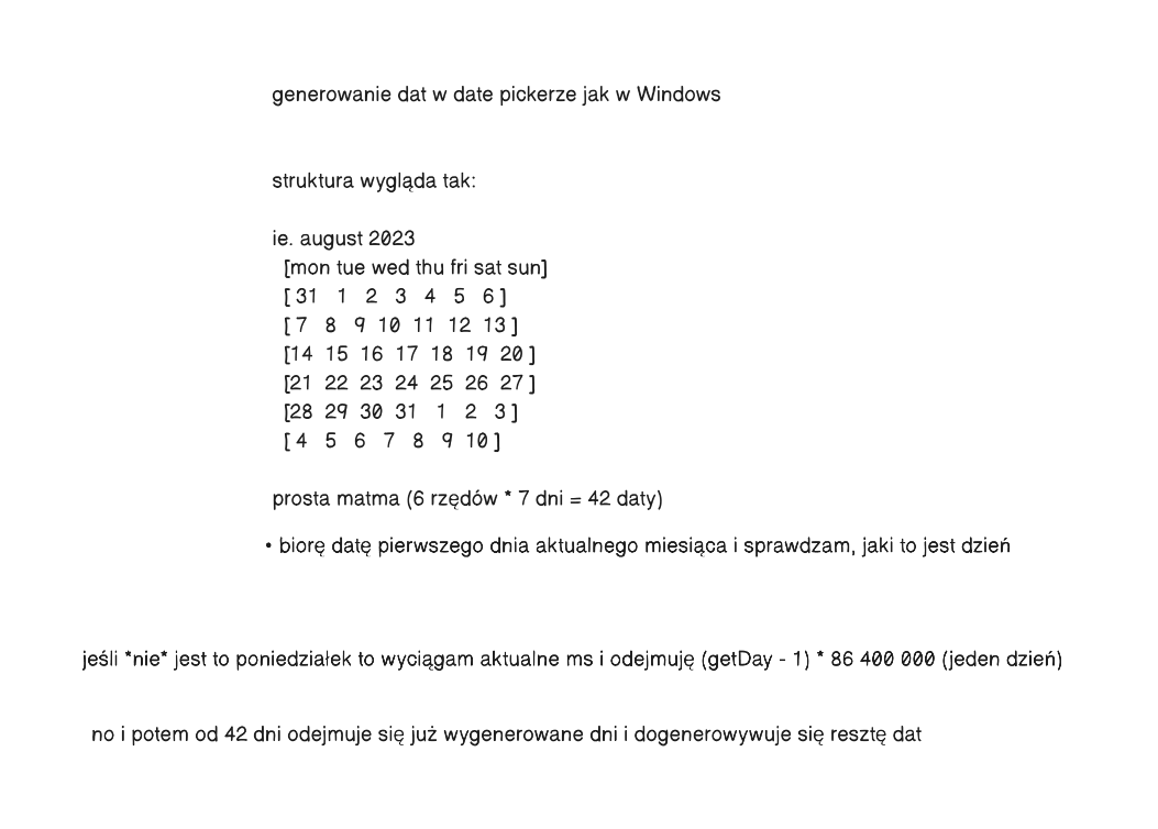 plansza z erasera, na której pisze: generowanie dat w date pickerze jak w Windows. struktura wygląda tak: tablica z sześcioma rzędami po siedem dni. prosta matma (6 rzędów * 7 dni = 42 daty). biorę datę pierwszego dnia aktualnego miesiąca i sprawdzam, jaki to jest dzień. jeśli nie jest to poniedziałek to wyciągam aktualne ms i odejmuję (getDay - 1) * 86 400 000 (jeden dzień). no i potem od 42 dni odejmuje się już wygenerowane dni i dogenerowywuje się resztę dat